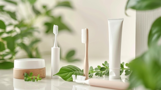 Oral health product mockup with toothbrush and toothpaste on organic background AI generated image