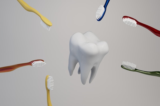 oral hygiene teeth cleaning. caries prevention.white tooth around which are multi-colored toothbrush