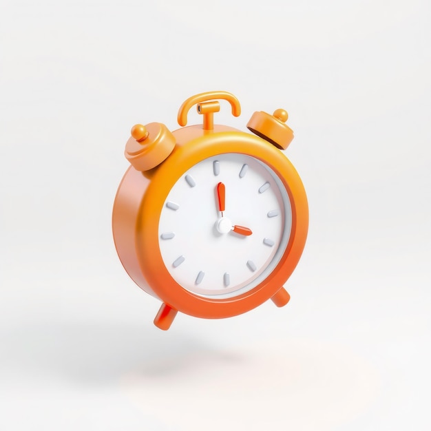 Orange 3D alarm clock with white face and red hands set to 1 oclock on white background