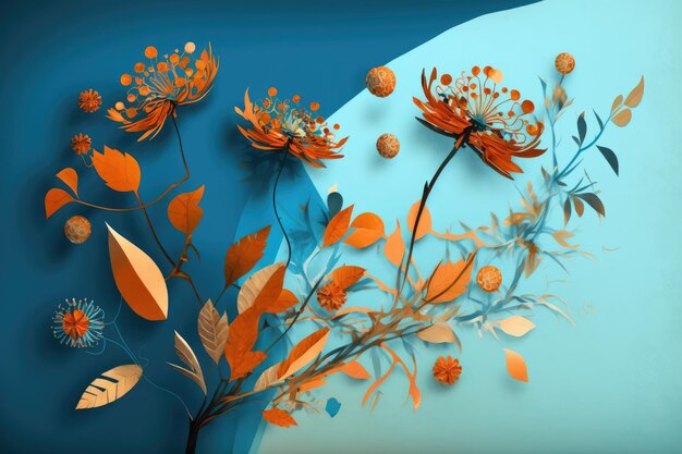 Orange abstract flowers in blue background of modern art collage created with generative ai