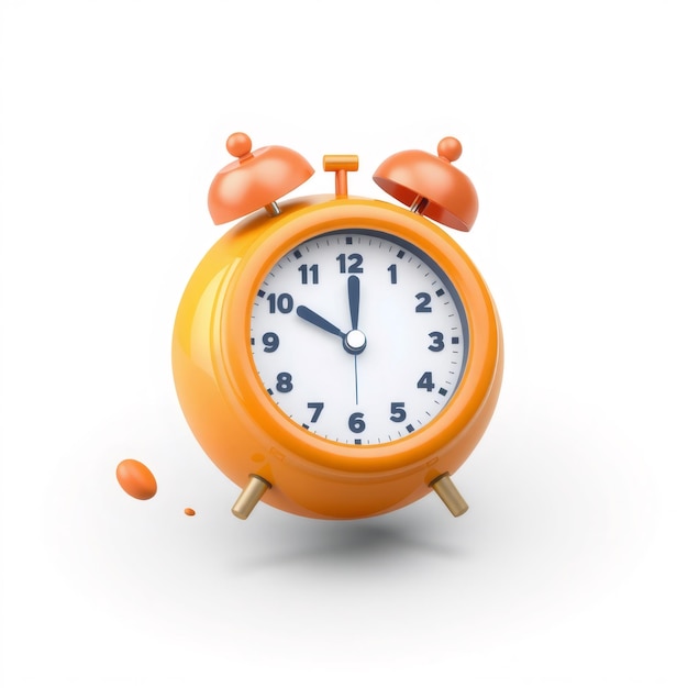 Orange alarm clock with golden hands pointing at 12 oclock isolated on white background