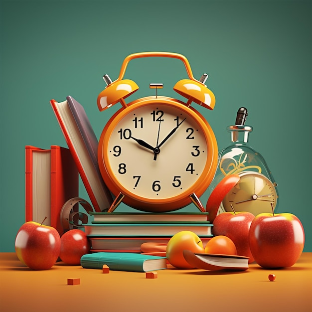 Orange alarm clock with red apple and school equipm on white