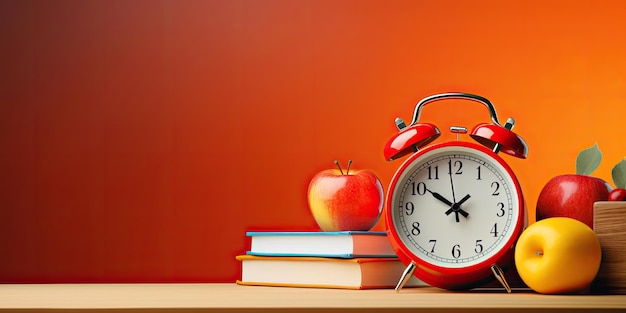 Orange alarm clock with red apple and school equipment Back to school concept background