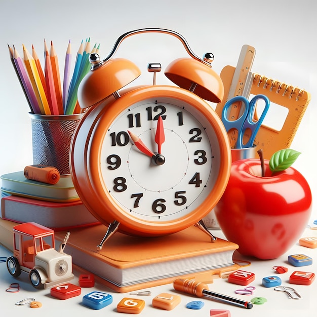 Orange alarm clock with red apple and school equipment Back to school concept on white background 3