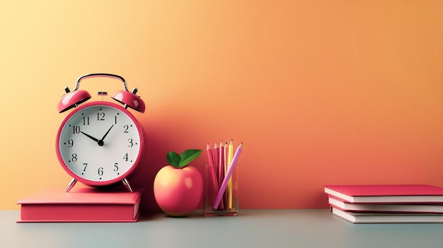 Orange alarm clock with red apple and school equipment