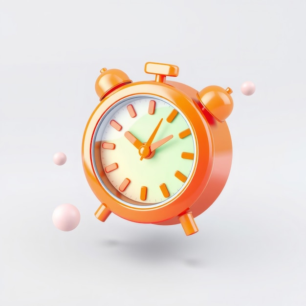 Orange alarm clock with white face and pink balls in a white background