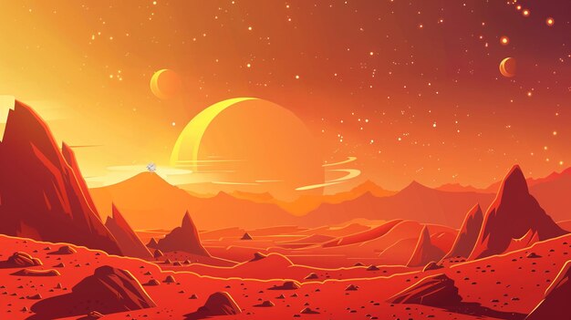 Photo orange alien space planet game cartoon background fantasy world landscape with mountain and rock land desert surface red stone ground with crater moon and saturn star sparkle in sky galaxy