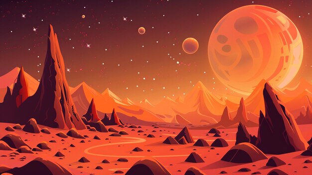 Photo orange alien space planet game cartoon background fantasy world landscape with mountain and rock land desert surface red stone ground with crater moon and saturn star sparkle in sky galaxy