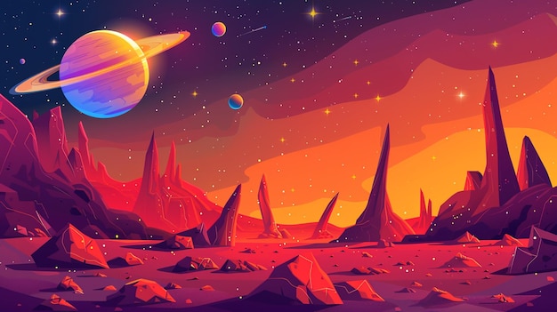 Photo orange alien space planet game cartoon background fantasy world landscape with mountain and rock land desert surface red stone ground with crater moon and saturn star sparkle in sky galaxy