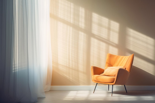 Orange armchair against brown wall and big window with curtains in living room Generative ai