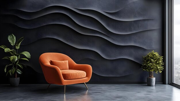 Photo orange armchair in modern interior with 3d wave wall