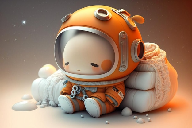 An orange astronaut with a small face sits on a pile of rocks.