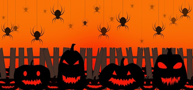 On an orange background, black sinister pumpkins, behind them an old fence and spiders descend from