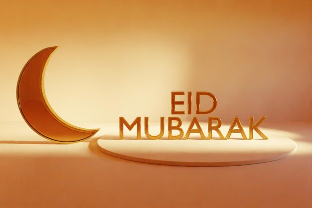 An orange background with an eid mubarak and a crescent moon