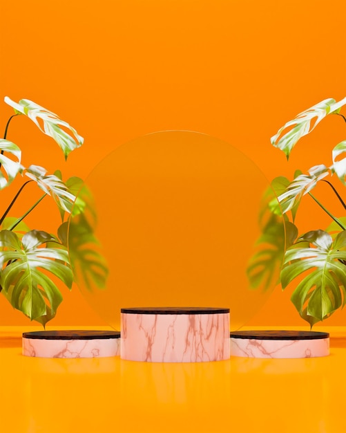 orange background with stone podium with tree