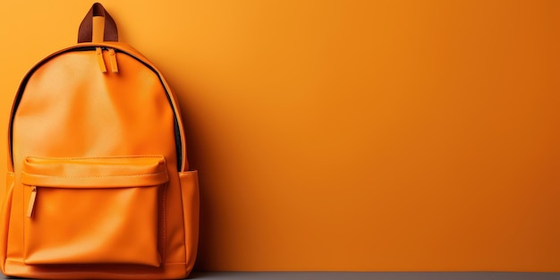 Photo orange backpack against a yellow wall