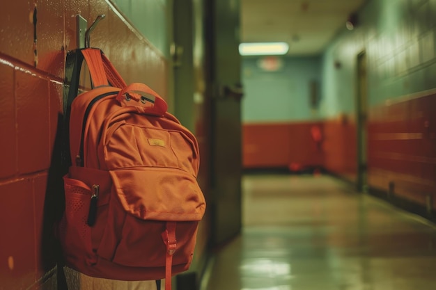 Photo orange backpack hanging on a hook in a school corridor