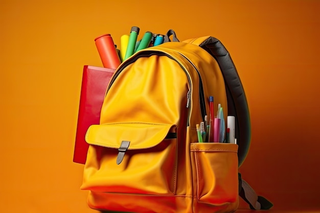 Orange backpack School bag on orange background AI generative