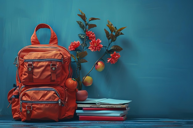 An orange backpack sits on a table with flowers books and a vase