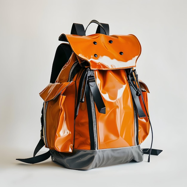 a orange backpack with a cat on it that has a cat on it