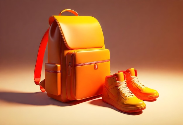 a orange backpack with a red strap sits next to a pair of shoes