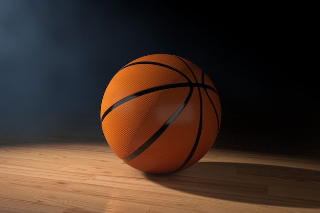 Orange Basketball Ball on a Wooden Floor on a black background. 3d Rendering