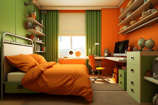 Orange bedroom with a desk and a bed