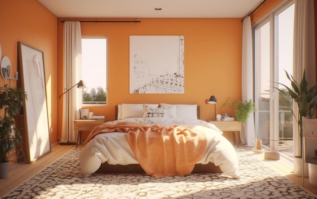 Orange Bedroom with Natural Light Generative AI