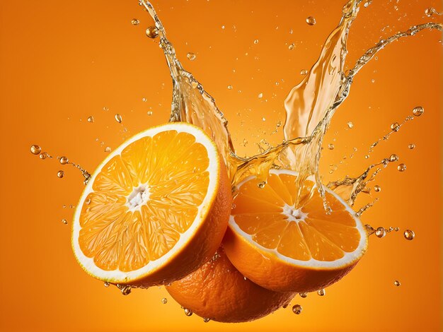 a orange being splashed with water and oranges