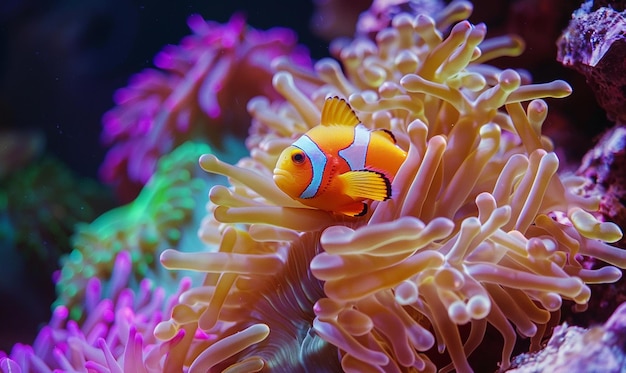 an orange and blue clown fish is in an anemone