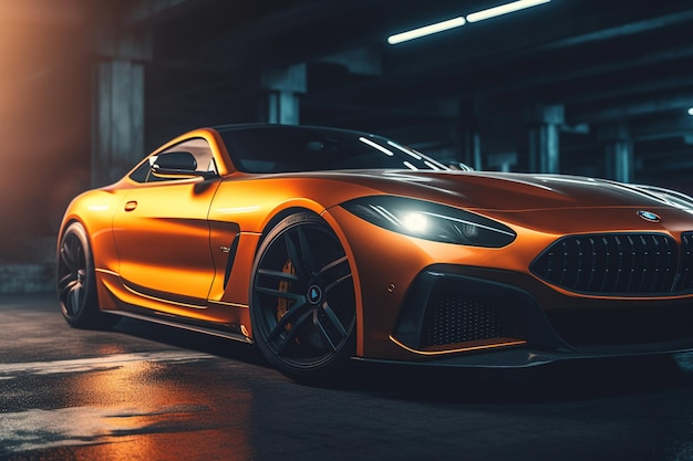 A orange bmw sports car in a dark garage with the word bmw on the front.