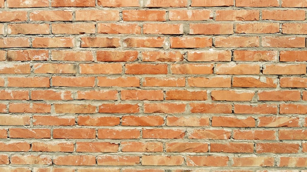 Orange brick wall frontally Ceramic brickwork or fence Neatly and evenly laid brick The light wall of the building gray cement in the cracks Sunny evening lighting