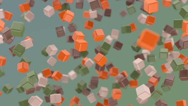 Orange brown green cubes flying Abstract illustration 3d render