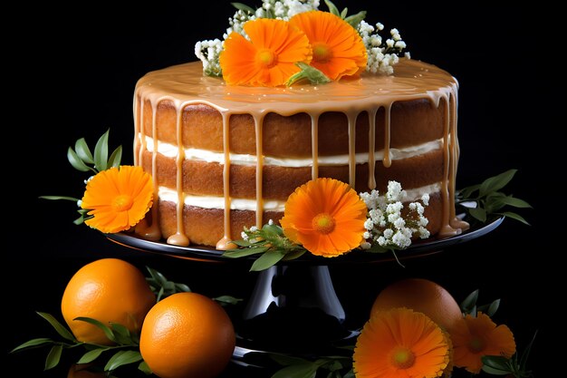 Orange cake decorated with fresh orange slices and mimosa flowers on light