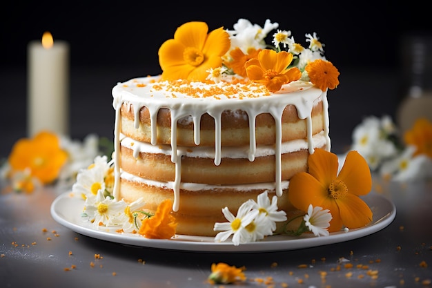 Orange cake decorated with fresh orange slices and mimosa flowers on light