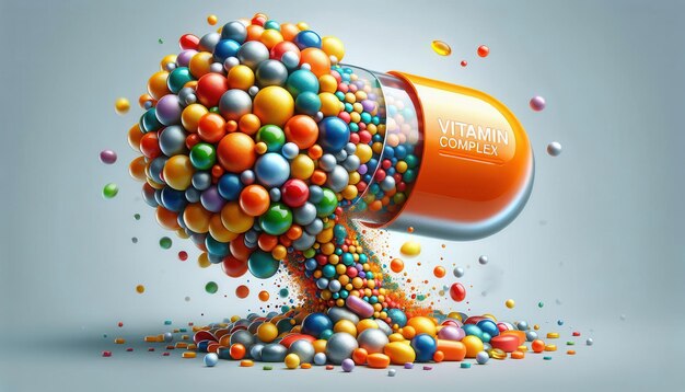 Photo orange capsule labeled vitamin complex spilling out colorful spheres and pills concept multivitamin benefits complete nutrition health and vitality