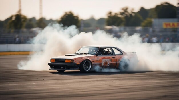 Photo orange car drifting on a race track with smoke