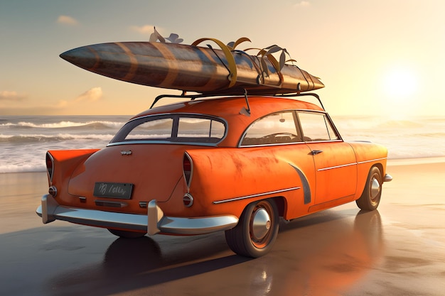 An orange car with a surfboard on top of it.