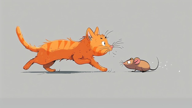 Photo an orange cat is chasing a small brown mouse across a grey background