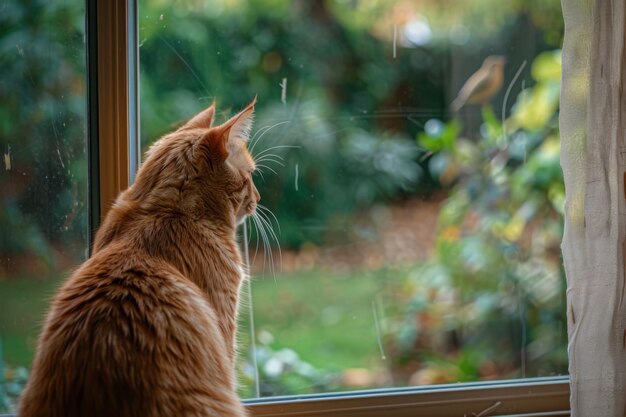 Photo orange cat looking out window