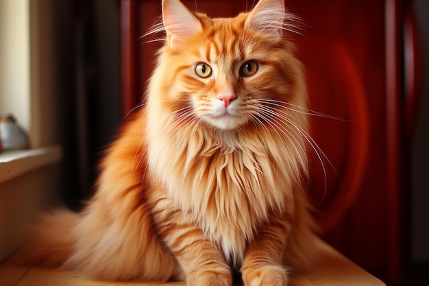 an orange cat sitting on top of a wooden table