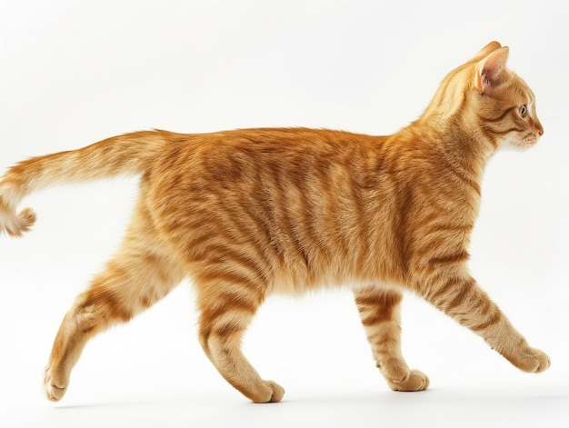 Photo orange cat walking gracefully across a light background