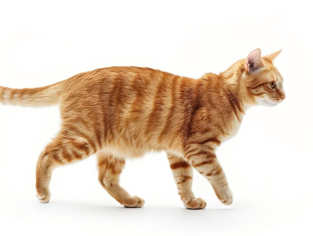 Photo orange cat walking gracefully across a white surface