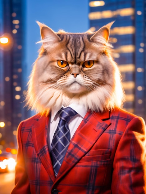 Orange cat wearing a red business suit