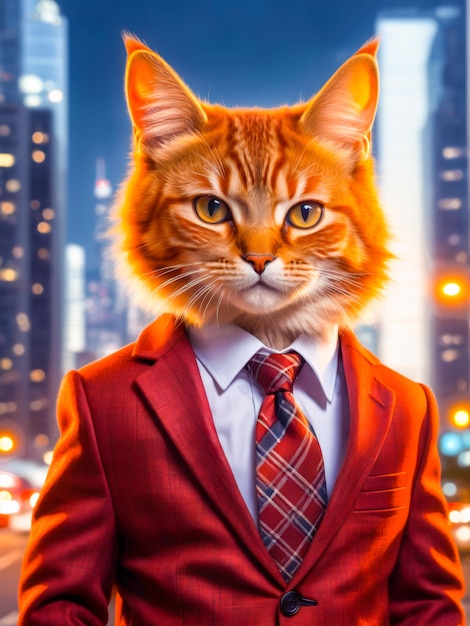 Orange cat wearing a red business suit