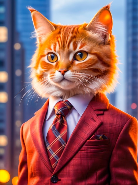 Orange cat wearing a red business suit