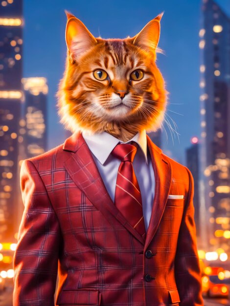 Orange cat wearing a red business suit