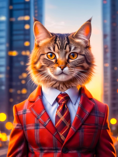 Orange cat wearing a red business suit