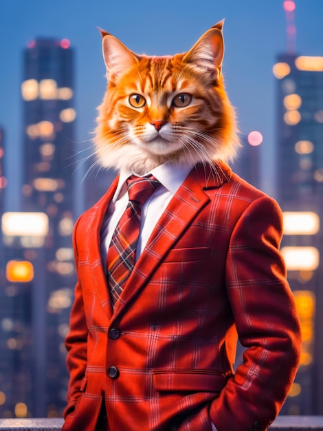 Orange cat wearing a red business suit