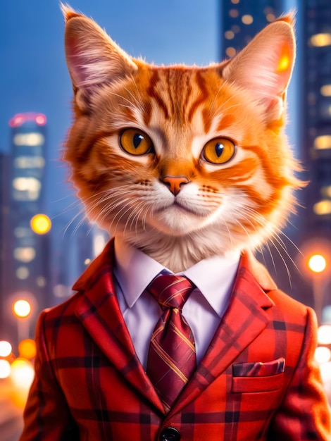 Orange cat wearing a red business suit